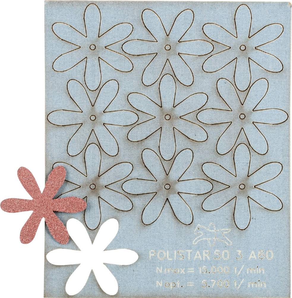Ensemble de disques abrasifs avec plusieurs disques en forme de fleur sur une carte bleue. Deux disques en rouge et blanc placés à côté. Texte : 'POLISTAR 50 3 A60'.