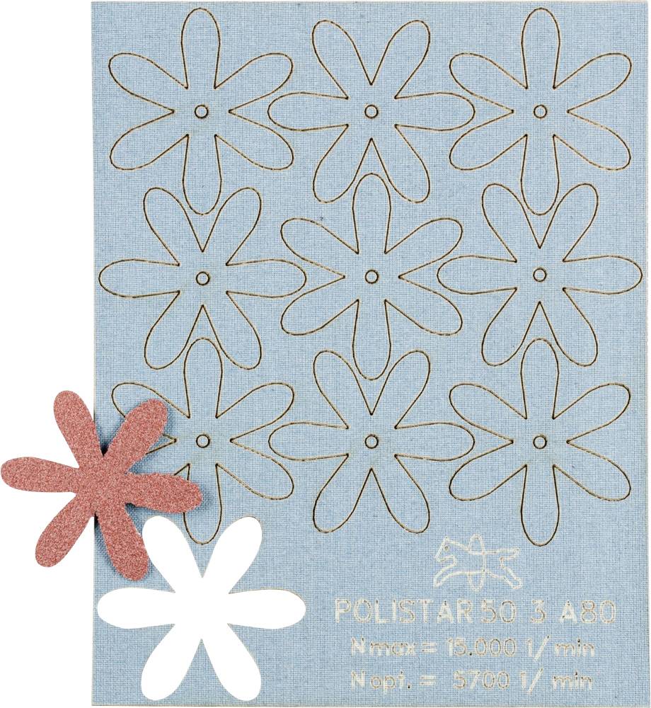 Papier de verre avec des formes de fleurs découpées. Inscription : « Polistar 50 3 A80 », avec des indications de vitesse de rotation « max = 13000 » et « opt = 7000 ».