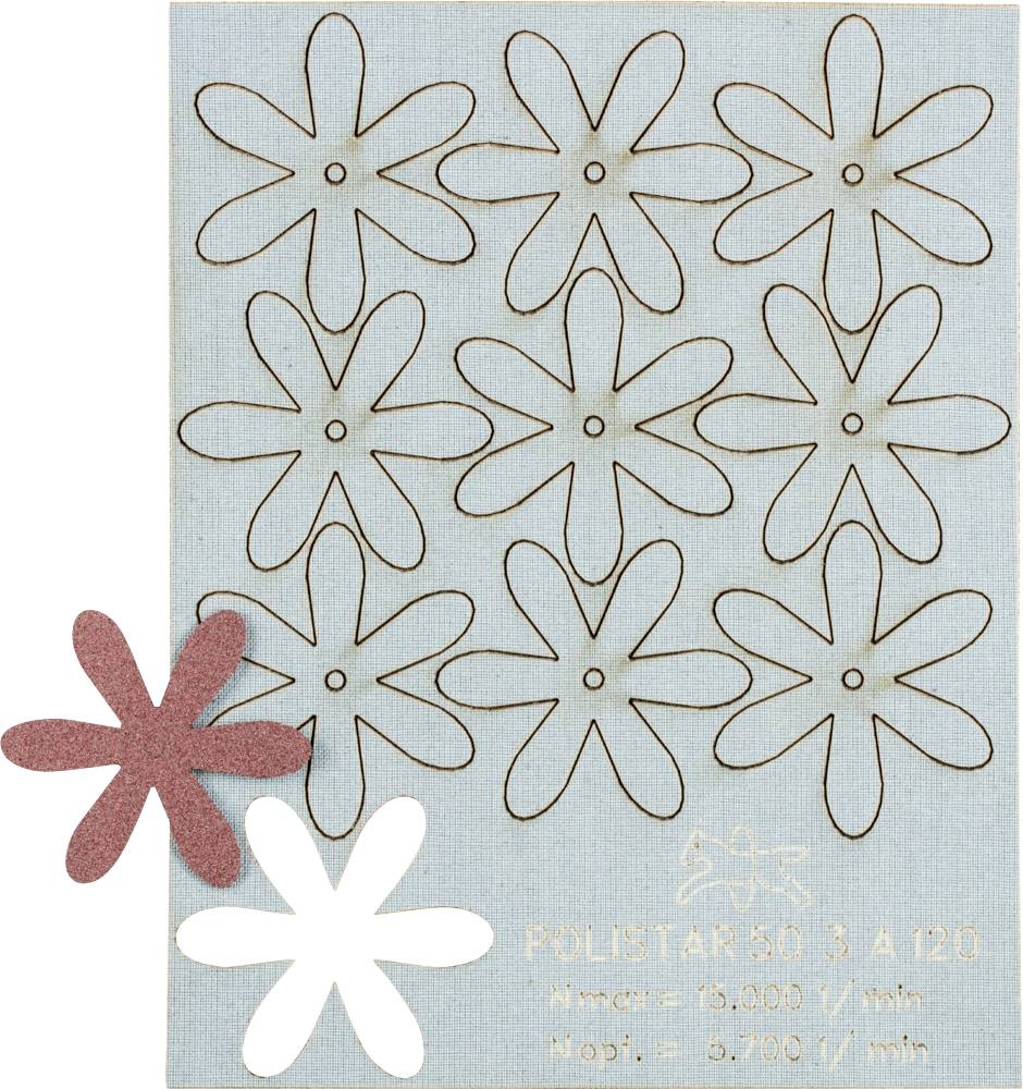 Papier bleu avec des motifs de petites fleurs découpées, à côté deux parties de fleurs séparées, rouge et blanche. Texte : 'POLISTAR 50 3 A 120'.