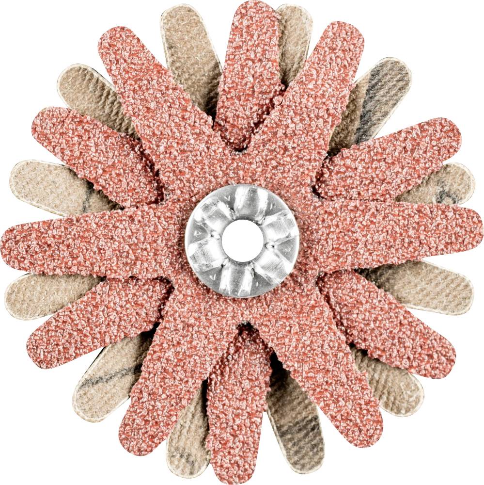 Une meule avec des lamelles abrasives rouges-brunes et beiges disposées en motif radial autour d'un noyau métallique.