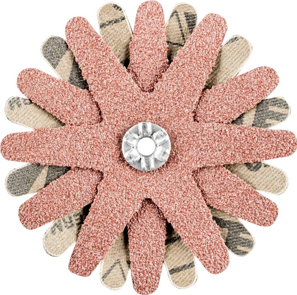 Disque abrasif avec plusieurs feuilles étoilées rouge-brun au-dessus d'une couche de feuilles beiges, monté sur une vis métallique.
