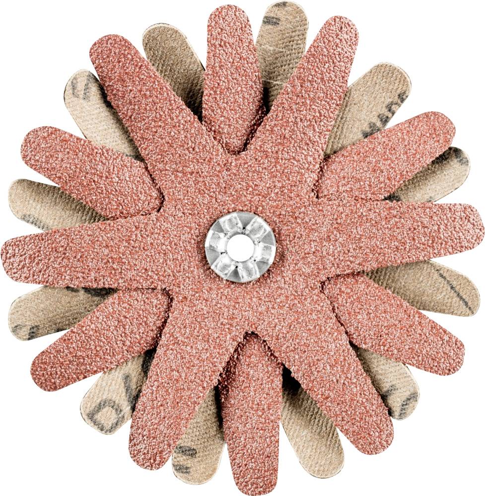 Support de ponçage rotatif équipé de feuilles abrasives stratifiées en forme d'étoile, adapté pour le travail du bois ou des métaux.