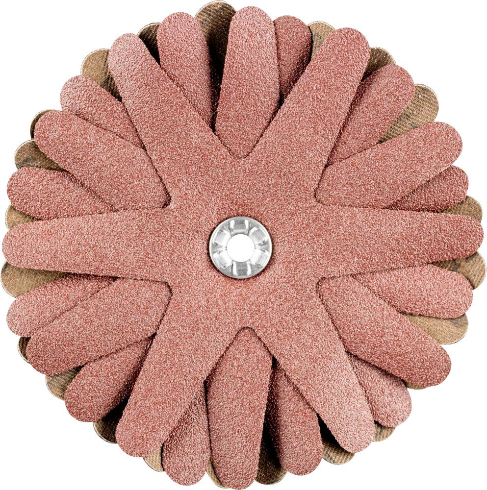 'Outil de ponçage composé de deux couches superposées en forme de fleur, l'une en papier de verre rose et l'autre en tissu marron, avec un disque métallique central.'