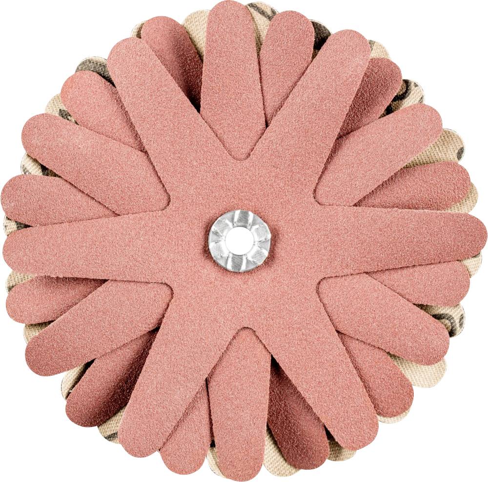 Une fleur décorative en tissu rose, disposée en couches, avec un accent rond et scintillant au centre.