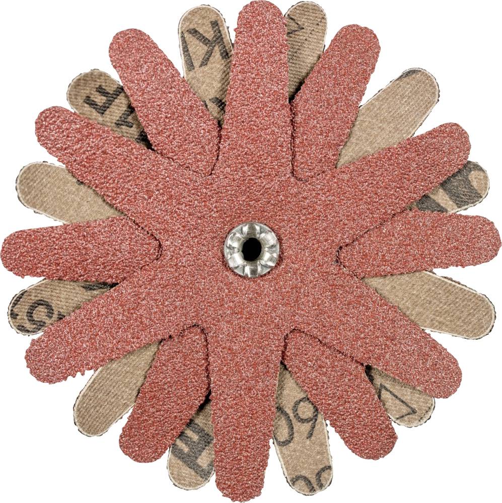 Un accessoire de meulage brun-rouge au design étoilé, composé de feuilles abrasives qui se chevauchent, monté sur un support central.