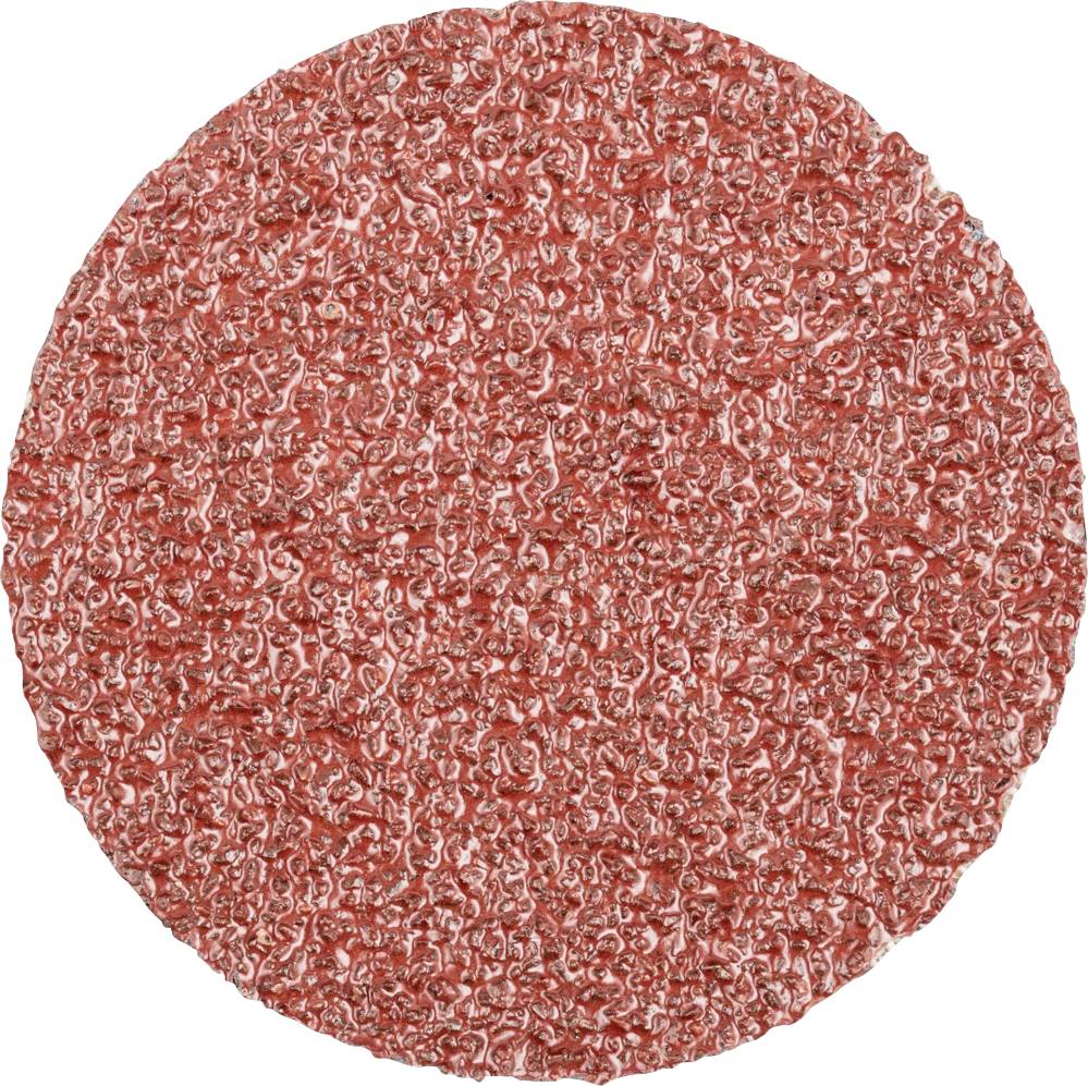 Un disque abrasif rond, rouge, à surface structurée, adapté pour le ponçage du métal ou du bois.
