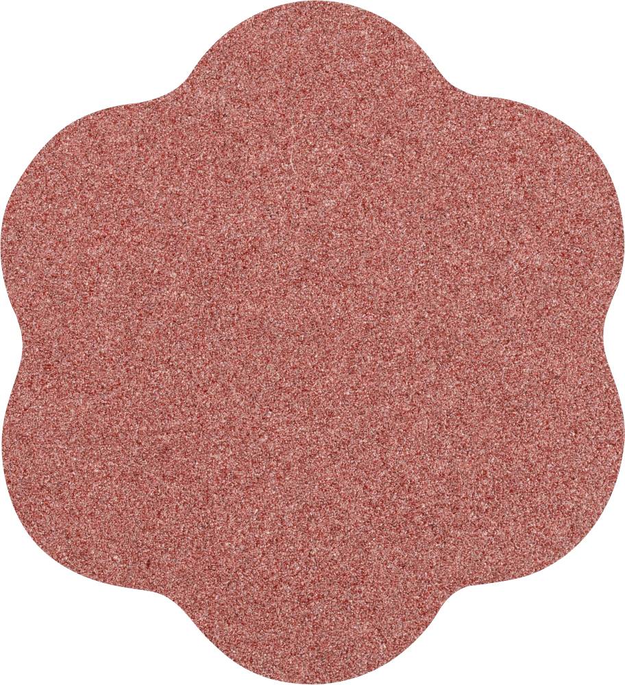 Un disque abrasif rouge en forme de fleur, avec une surface texturée, typique des travaux de ponçage manuel ou des projets artisanaux.