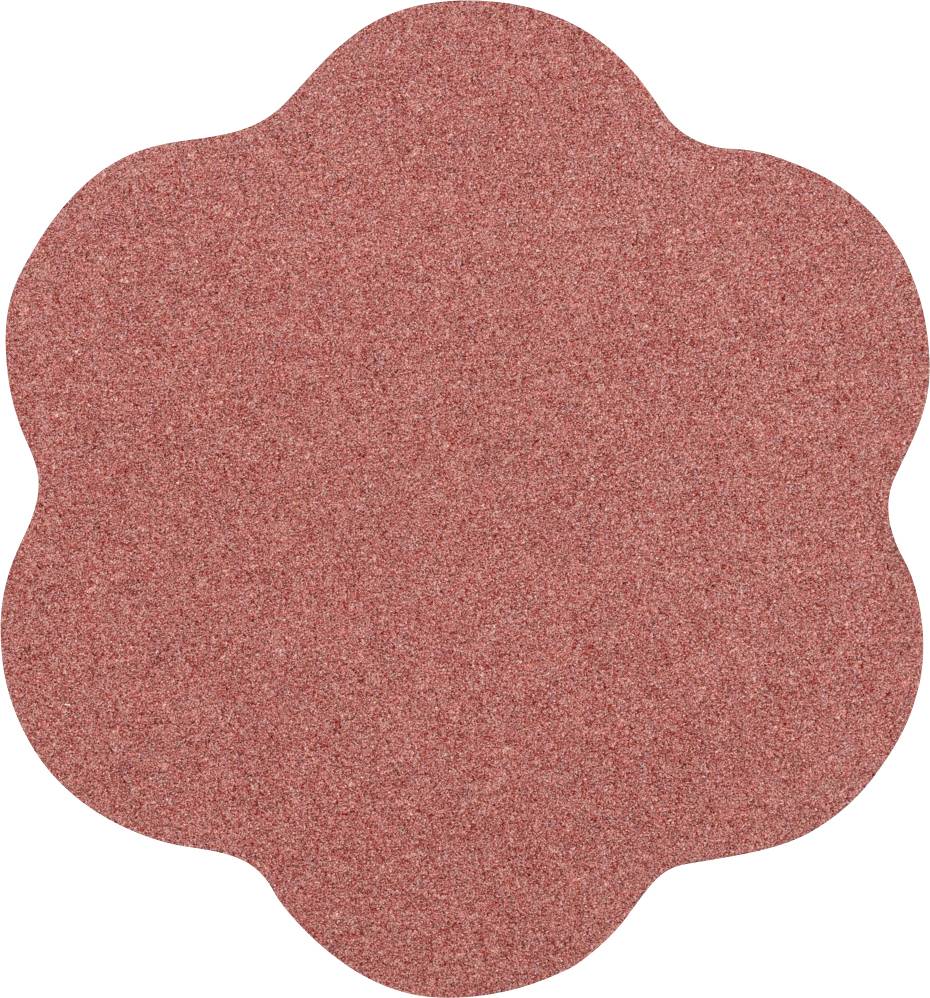 Un tapis rouge en forme de fleur aux bords arrondis, présenté sur un fond blanc.