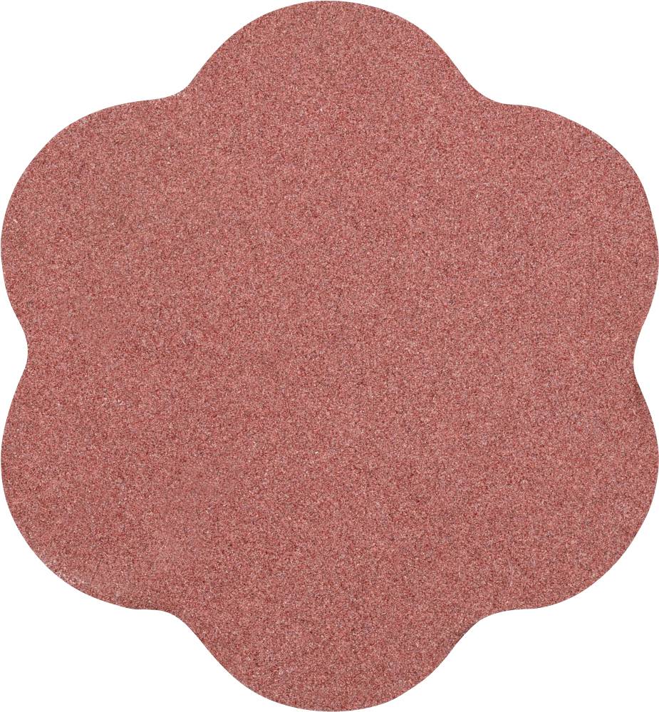 Disque abrasif rouge en forme de fleur, à grain fin, utilisé pour lisser les surfaces.