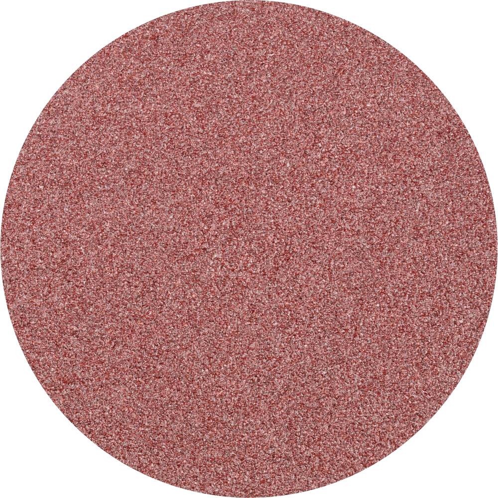 Un papier abrasif rouge, rond, avec un grain uniforme, adapté pour le traitement de surface.