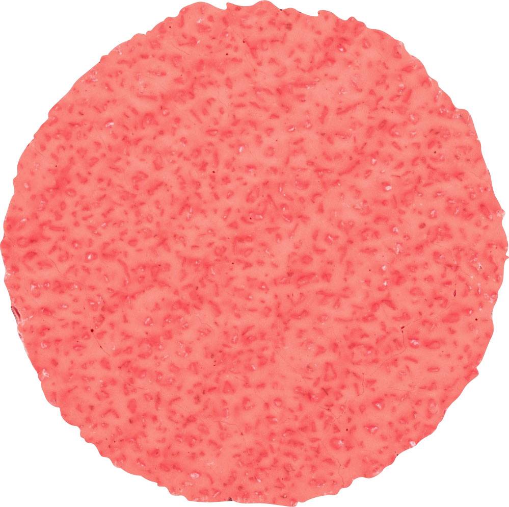 Une texture ronde et rouge avec des reliefs irréguliers qui rappelle la surface d'un hamburger ou d'une galette de viande.