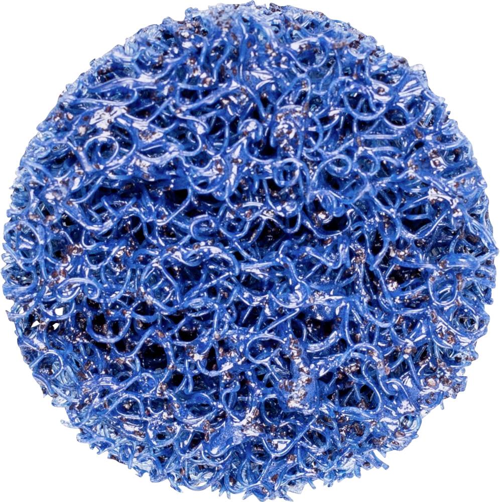 Une éponge à récurer bleue, ronde, avec une structure dense et enchevêtrée, adaptée au nettoyage des surfaces.
