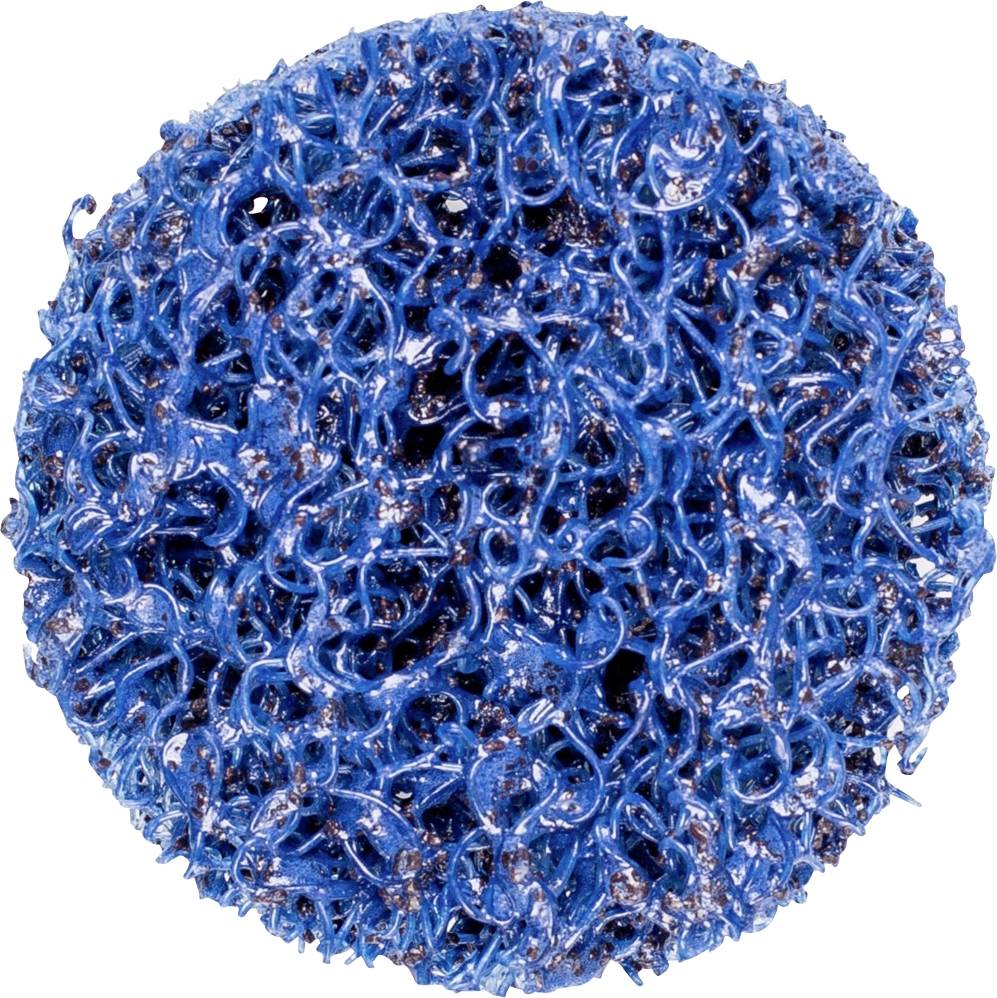 Un tampon de nettoyage bleu, rond, avec une surface structurée et à l'aspect filamenteux, généralement utilisé pour éliminer les salissures.
