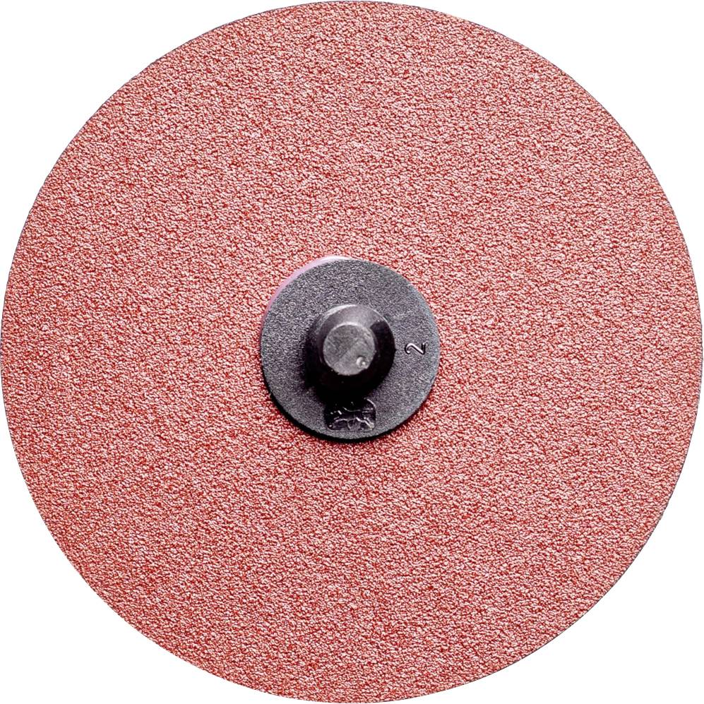 Un disque de meulage rond avec une surface rouge et rugueuse et un élément de fixation central.