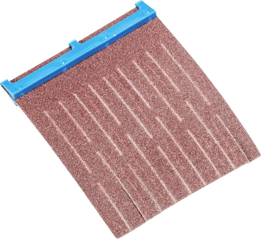 Une feuille de papier de verre rouge avec un support en plastique bleu en haut. Le papier présente des rainures régulièrement réparties.