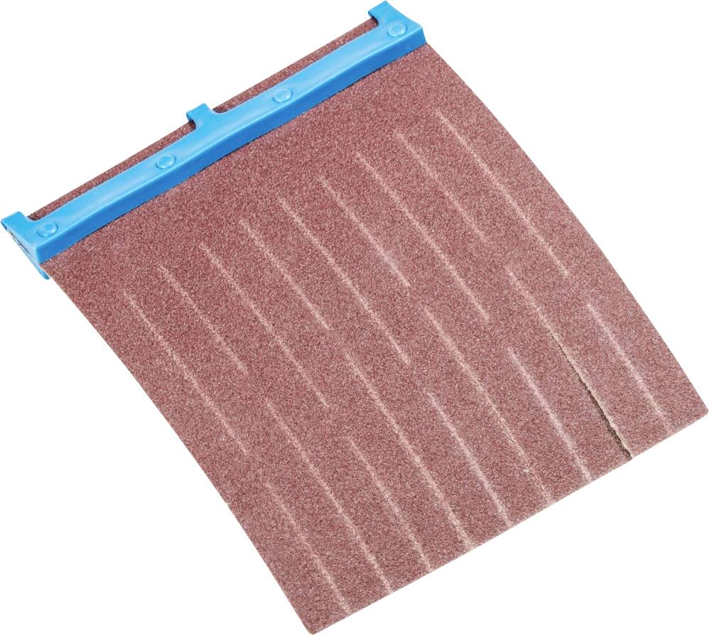 Un embout abrasif brun-rouge avec un support en plastique bleu, destiné à être utilisé avec un moyen de ponçage, est posé sur un fond blanc.