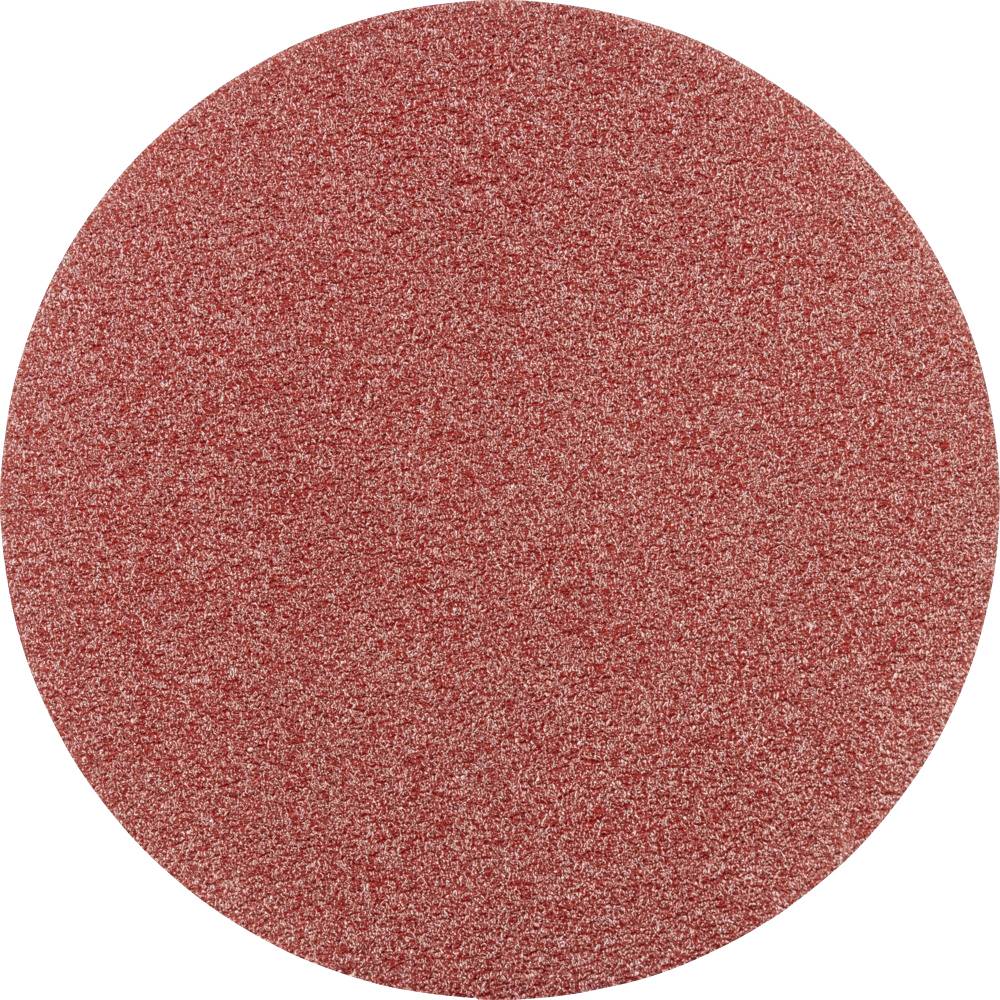 Disque rond de papier de verre rose-rouge avec une surface texturée, représentant un papier abrasif typique pour le travail du bois ou des métaux.