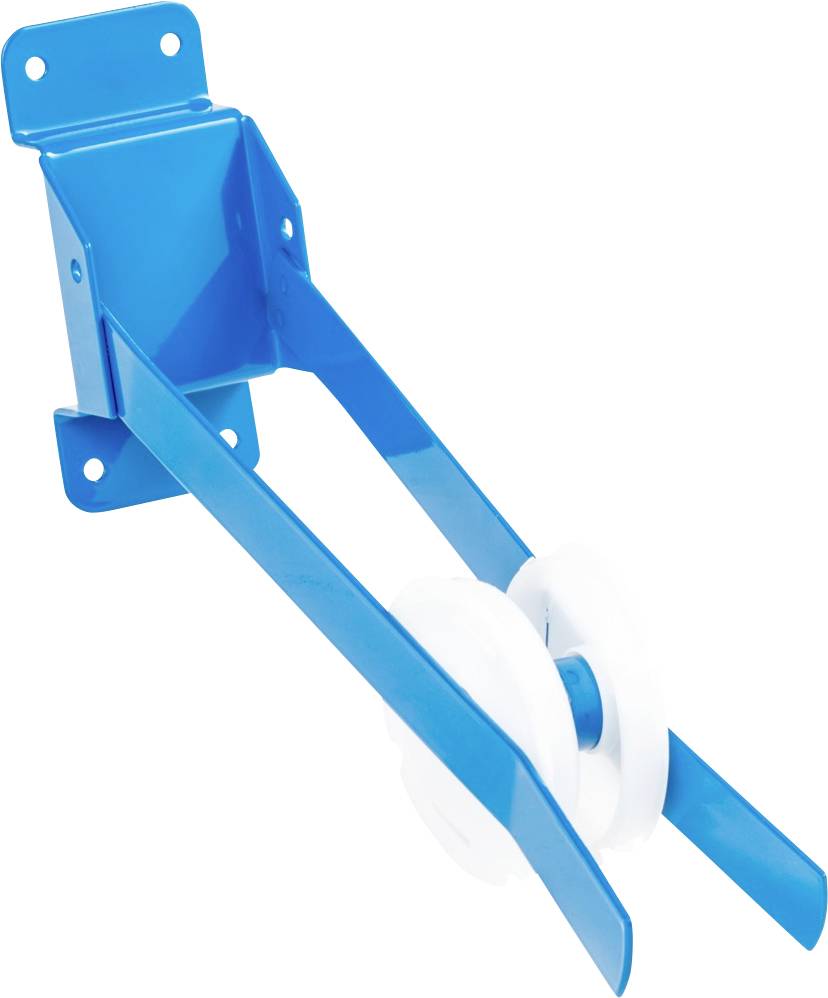 Appareil métallique bleu en forme de L avec deux rouleaux blancs, probablement destiné à la fixation ou au guidage d'un câble ou d'une bande.