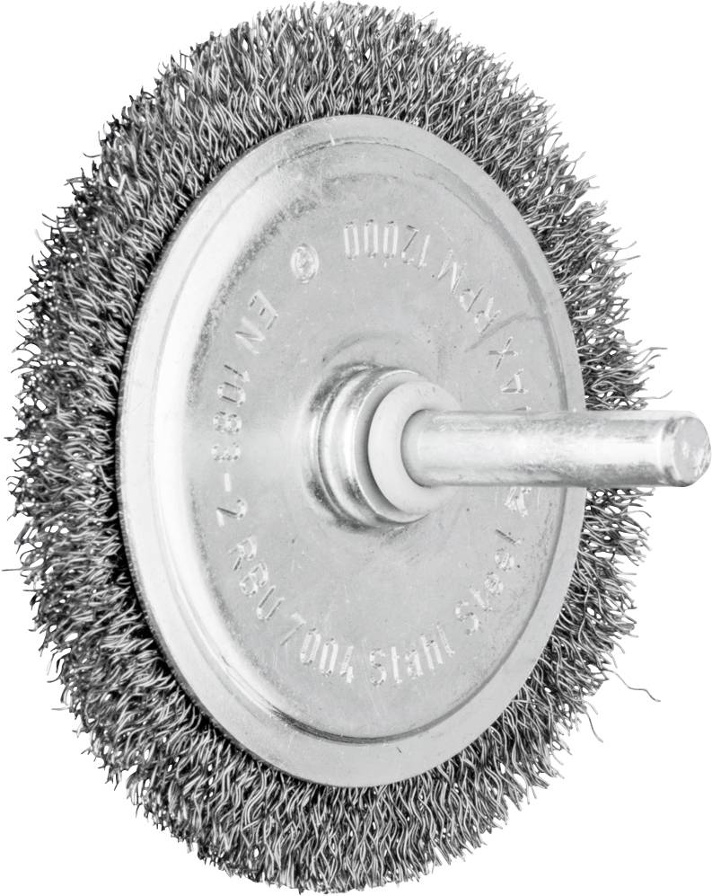 Une brosse métallique circulaire avec des poils en métal et un support central pour la fixation à un outil ou un appareil.
