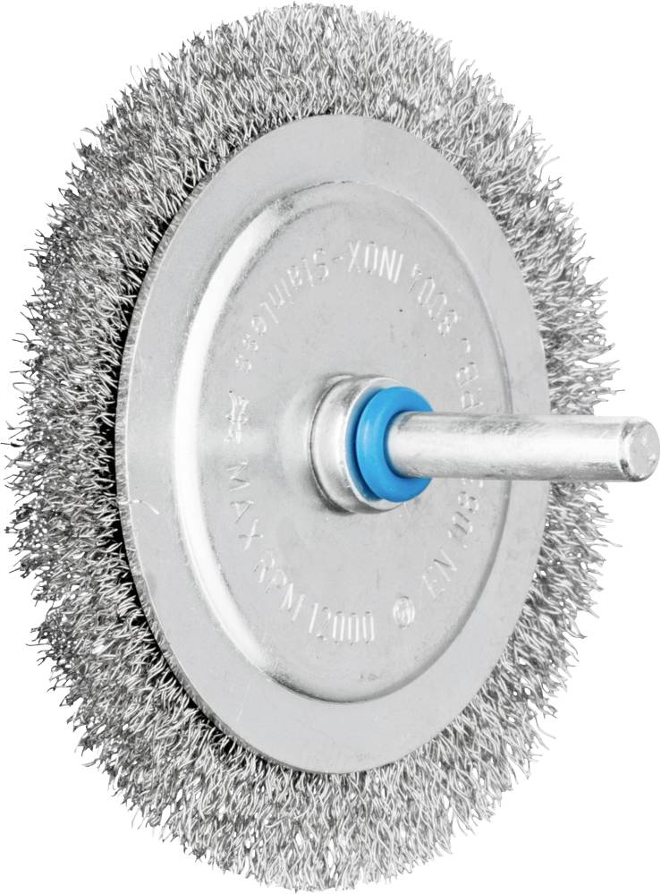 Brosse métallique à poils radiaux en fil d'acier, montée sur une plaque métallique avec une partie centrale bleue. Utilisée pour le nettoyage ou l'ébavurage.