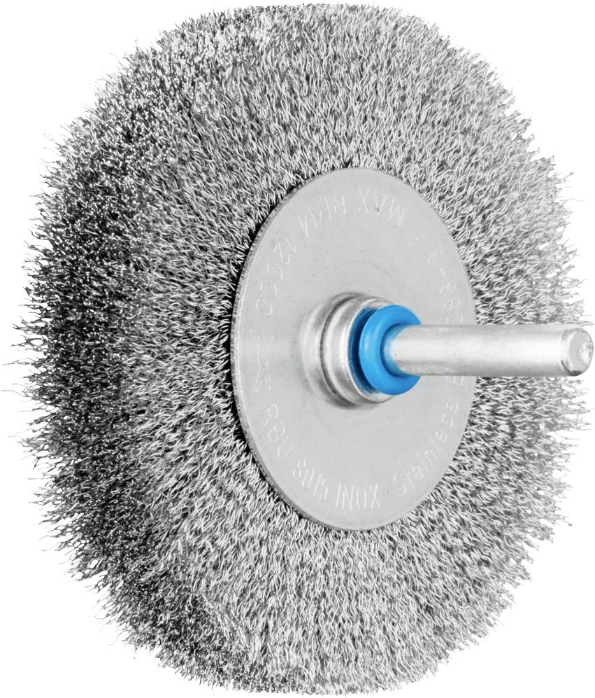 Brosse métallique à tête ronde et manche, principalement utilisée pour décaper ou nettoyer des surfaces métalliques.