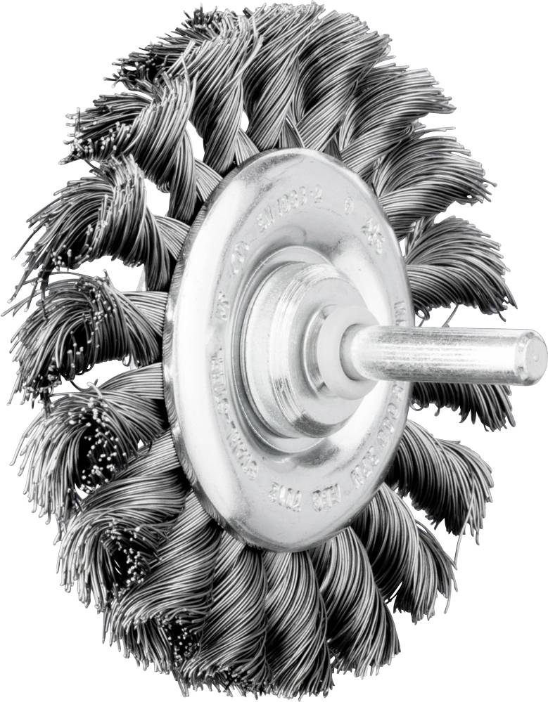 Brosse métallique en spirale avec support en métal, utilisée pour nettoyer et éliminer la rouille ou la peinture des surfaces.