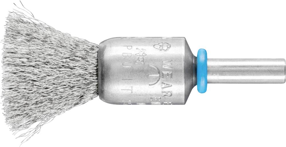 Embout métallique à brosse avec poils de fil métallique et tige cylindrique, adapté pour le nettoyage des surfaces métalliques sur des perceuses.
