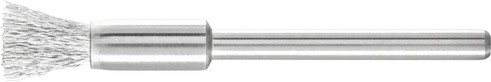Brosse métallique argentée avec manche cylindrique, sur fond blanc.