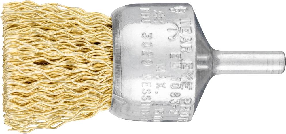 Une brosse métallique ronde avec des poils ondulés et un manche cylindrique, souvent utilisée pour ébavurer ou nettoyer des surfaces métalliques.