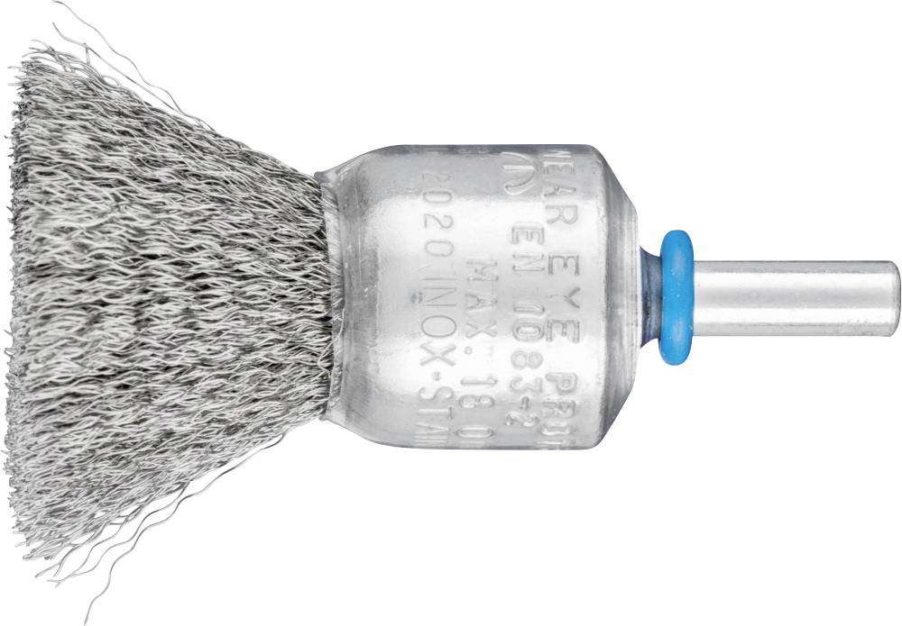 'Embout de brosse métallique avec des poils d'argent et anneau bleu, vue latérale. Adapté pour le nettoyage des surfaces métalliques.'