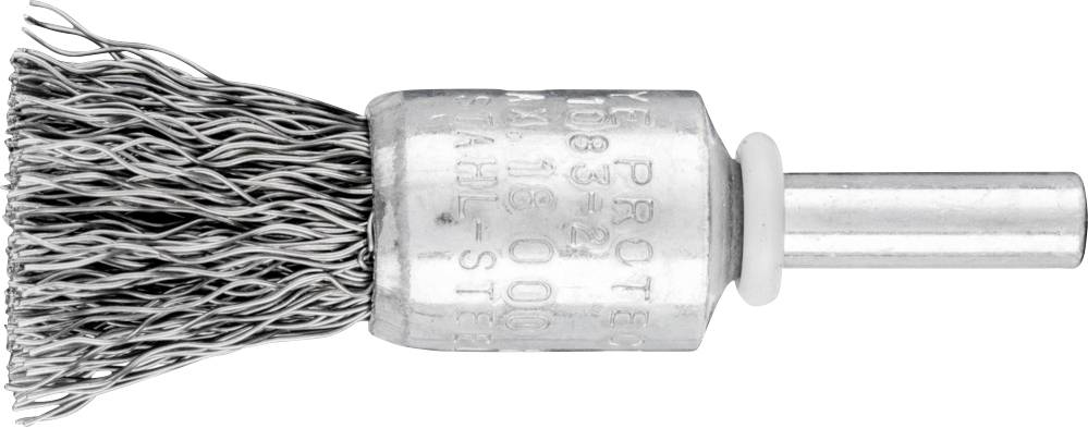 L'image montre une brosse métallique argentée avec des poils en métal fixés à un manche cylindrique, sur un fond blanc.