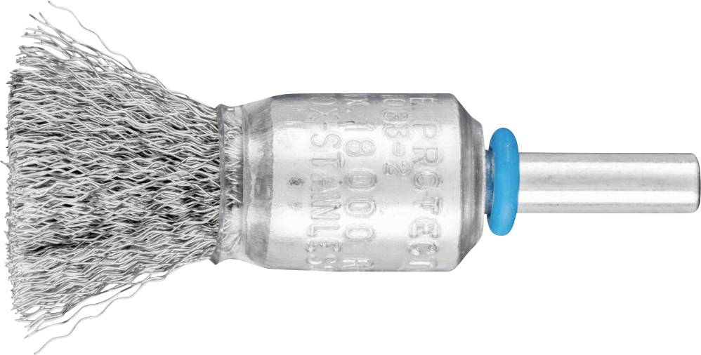 Brosse métallique avec bague en plastique bleu, adaptée aux perceuses, offrant une meilleure prise en main.