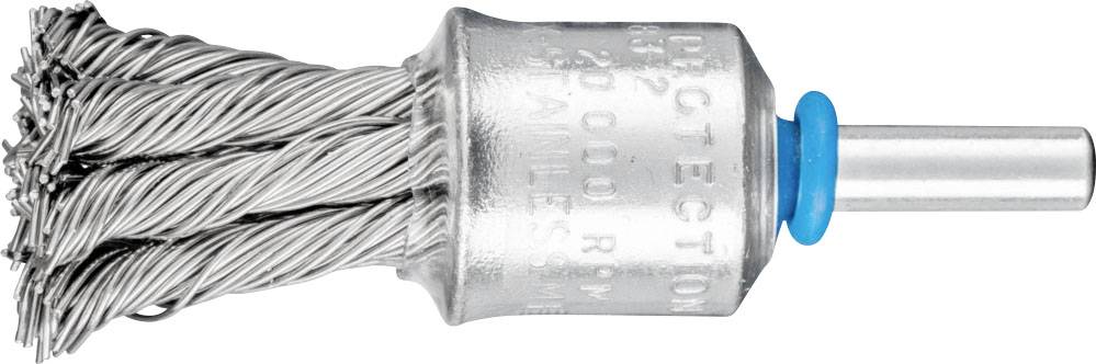 Brosse métallique avec des poils en acier torsadés et un support cylindrique, utilisée pour le nettoyage ou le ponçage de surfaces.