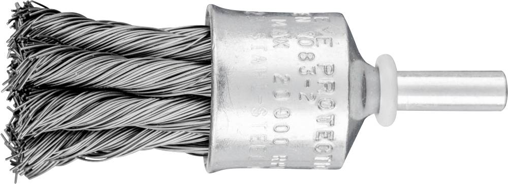 Une brosse métallique avec des fils métalliques torsadés et un manche cylindrique. Adaptée pour nettoyer des surfaces.