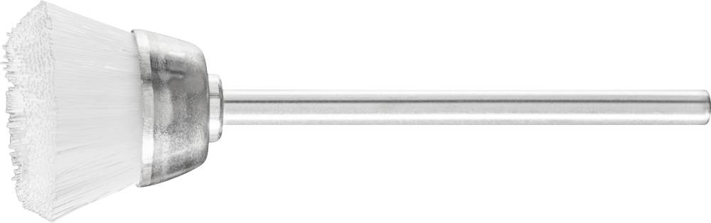 Un brosse en métal argenté avec des poils blancs, de forme cylindrique, fixée à un long manche.