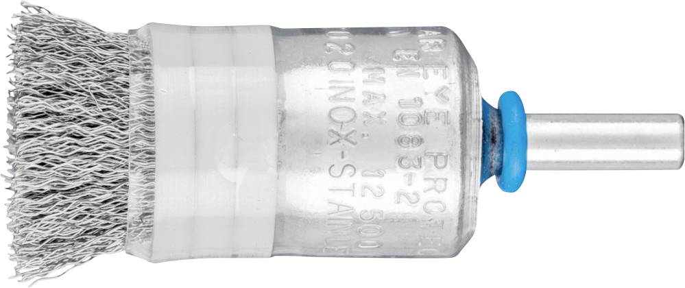 Embout de brosse métallique pour perceuses avec poils en métal et tige cylindrique. Adapté pour le nettoyage et le traitement de surface.