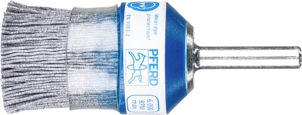 Un brosse à outils avec un boîtier en plastique bleu et des poils gris, adaptée pour une utilisation à une vitesse allant jusqu'à 6 000 tr/min.