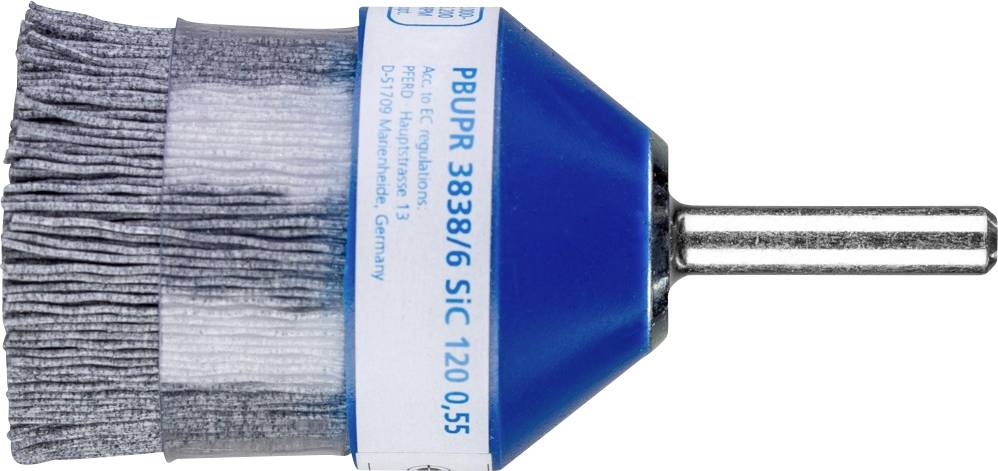 Embout de pinceau sur un corps en plastique bleu avec une tige métallique. Inscription : 'PBUPR 3838/6 SiC 120 0,55'. Utilisé pour perceuse.
