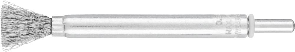 Brosse abrasive métallique à poils de fil, avec tige cylindrique, adaptée au nettoyage et à la préparation de surfaces dans le domaine de l'usinage des métaux.