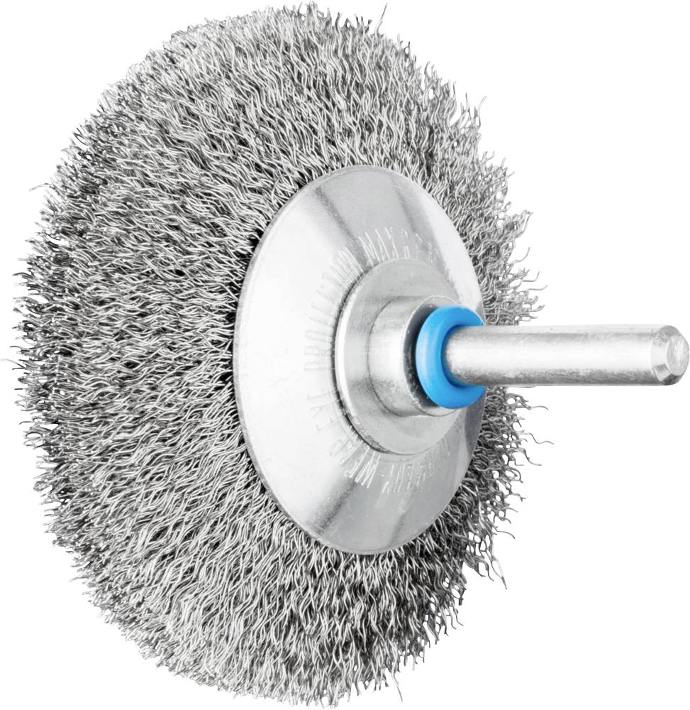 Une brosse métallique circulaire avec un axe de fixation central, adaptée pour les travaux de meulage sur des surfaces métalliques, est représentée.