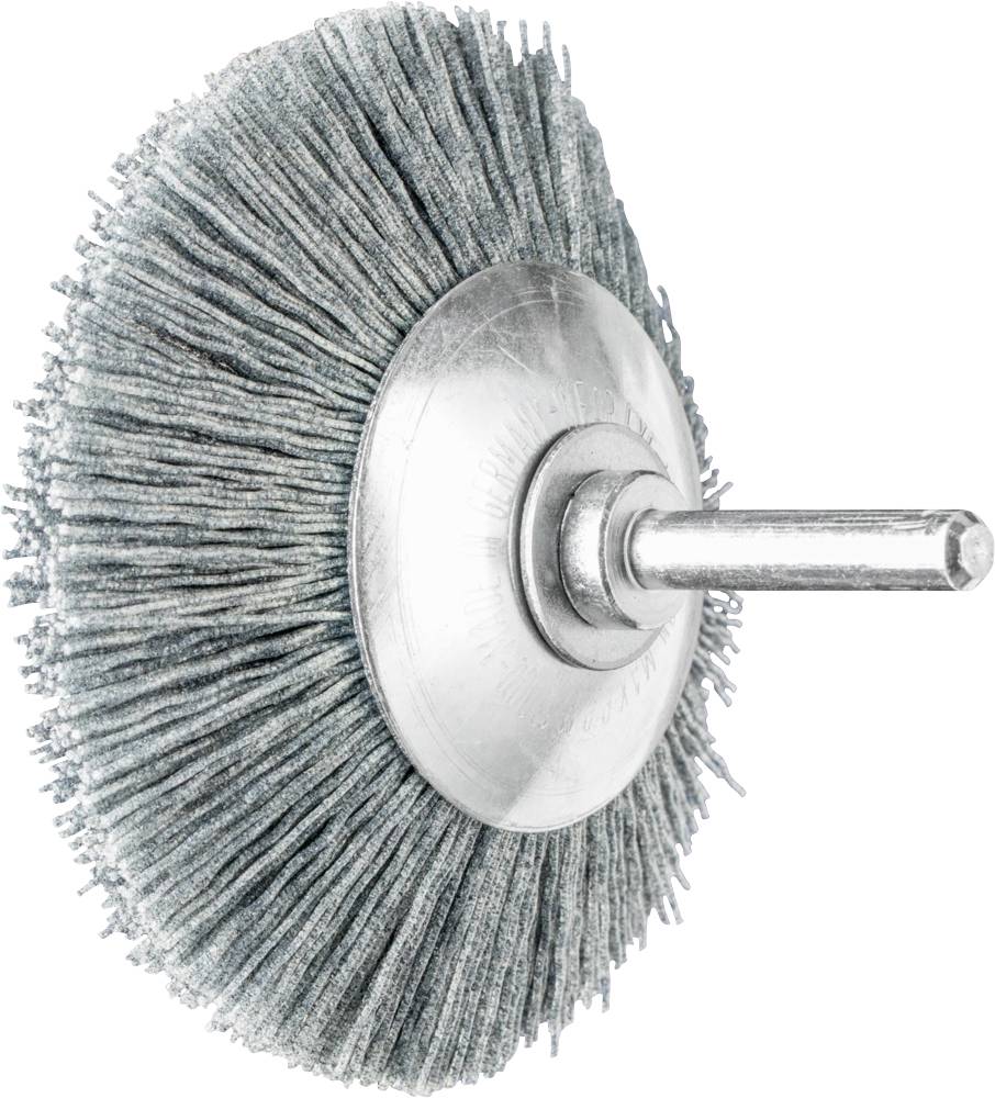 Brosse métallique ronde avec manche en métal, adaptée aux perceuses ; idéale pour décaper, nettoyer et polir les surfaces métalliques.