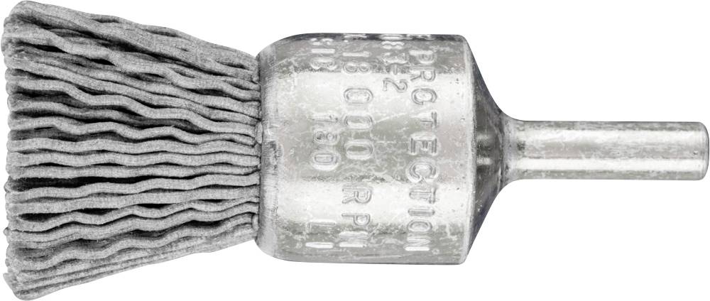 Embout métallique à brosse avec un cylindre argenté et une tête de brosse ondulée, adapté au nettoyage ou au décapage de pièces mécaniques.