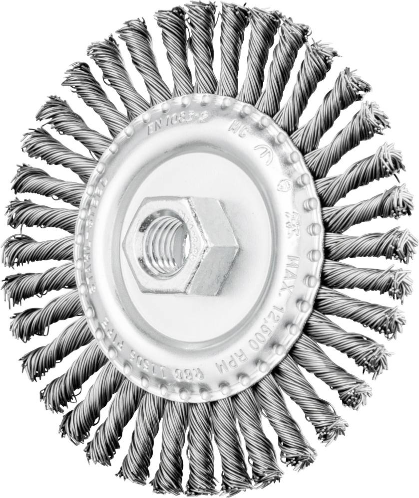 Brosse métallique ronde avec couronne de poils en acier torsadés et centre hexagonal en métal, adaptée au nettoyage et au traitement de surface.