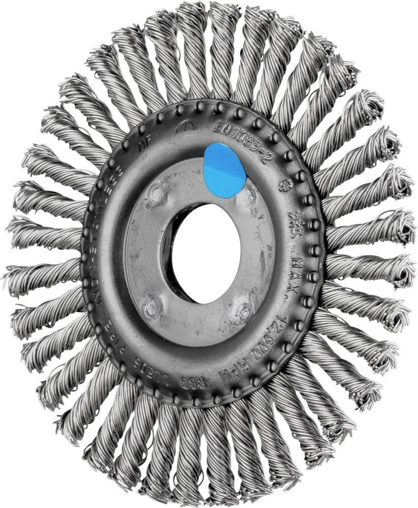 Brosse métallique radiale en acier, adaptée aux travaux de meulage sur surfaces métalliques, avec une zone marquée en bleu.