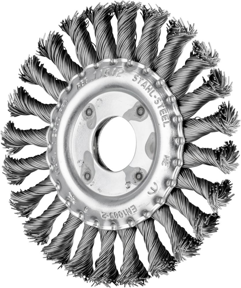 Une brosse métallique circulaire avec des poils torsadés, utilisée à des fins de nettoyage ou de polissage.