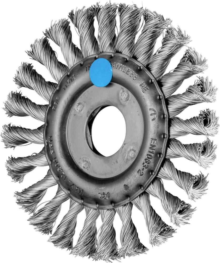 Brosse ronde avec poils métalliques torsadés et détail en plastique bleu, adaptée aux travaux de meulage ou de nettoyage des métaux.