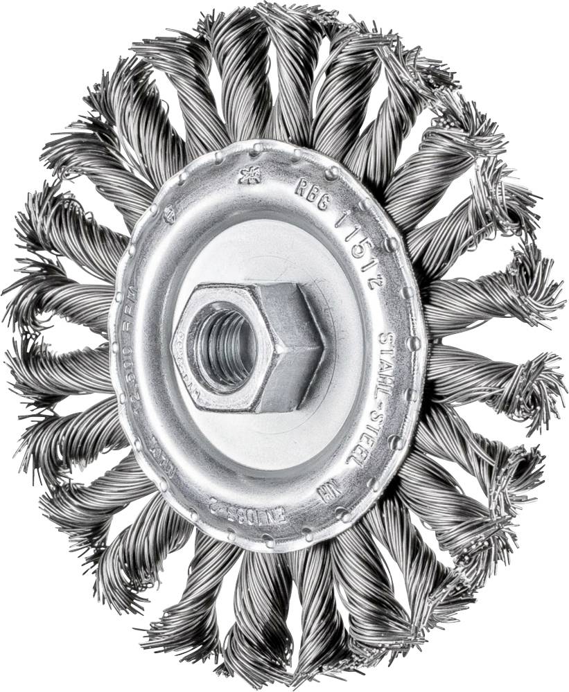 Brosse métallique circulaire avec des poils en acier inoxydable denses et torsadés, équipée d'un écrou central, adaptée au nettoyage industriel.