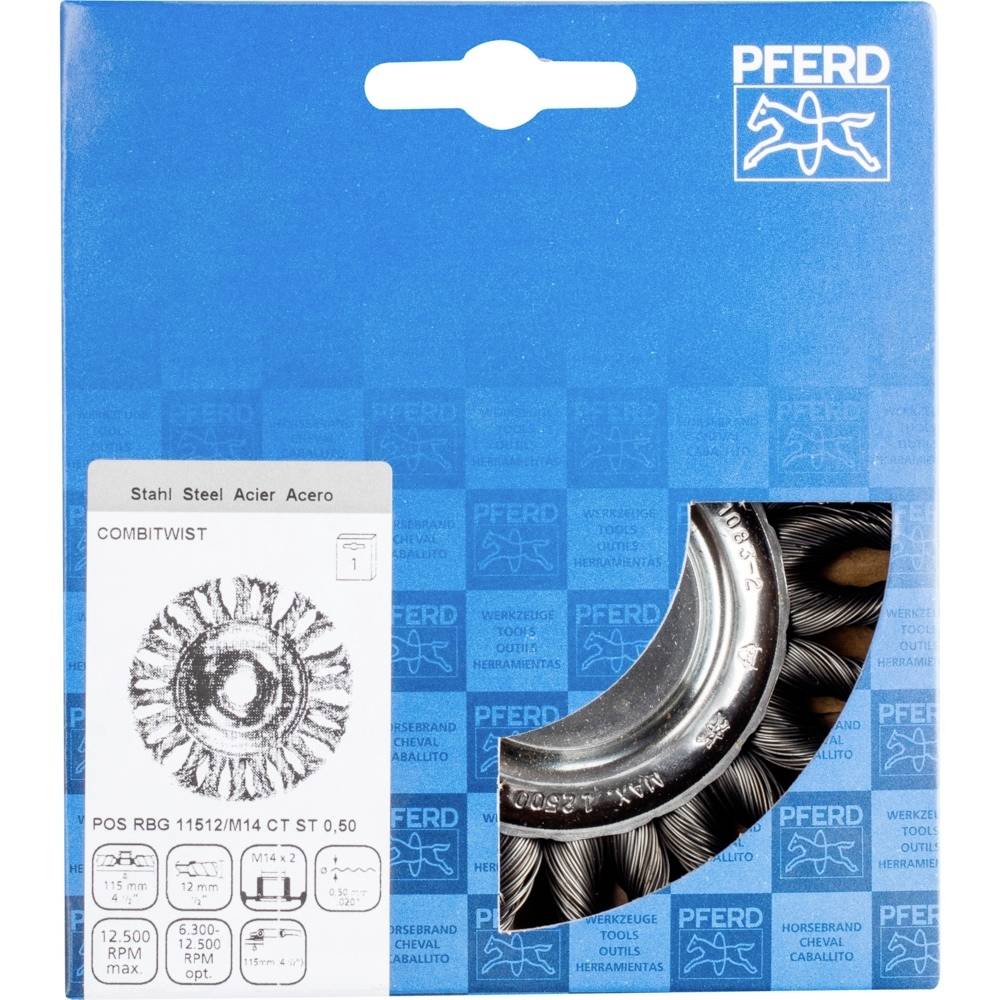 Emballage d'un outil à brosses combiné de PFERD. Contient des spécifications techniques telles que la taille et le matériau : acier, 0,50 mm.