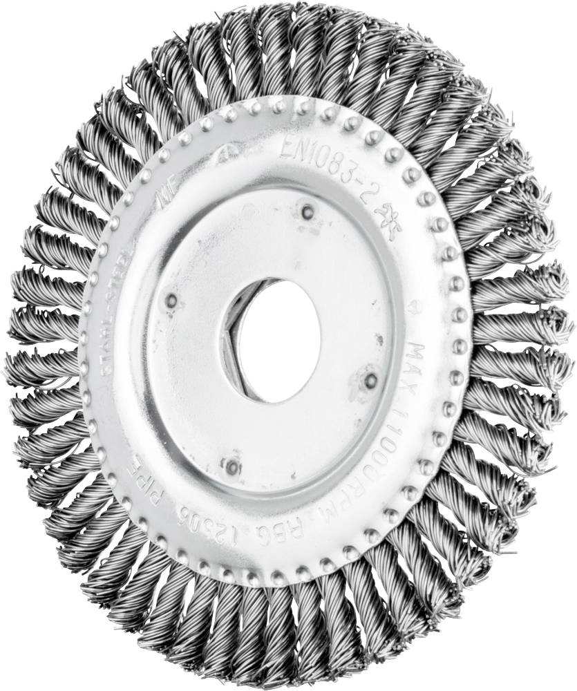 Brosse circulaire en métal avec des poils torsadés, adaptée au nettoyage de surface et à l'élimination de la rouille sur des pièces métalliques.