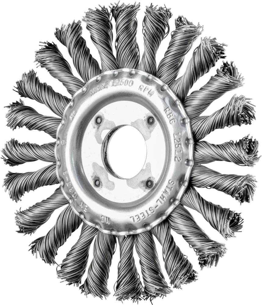 Brosse métallique à poils ronds en fil d'acier torsadé, disposés de manière circulaire. Utilisée pour des travaux de meulage et de nettoyage.